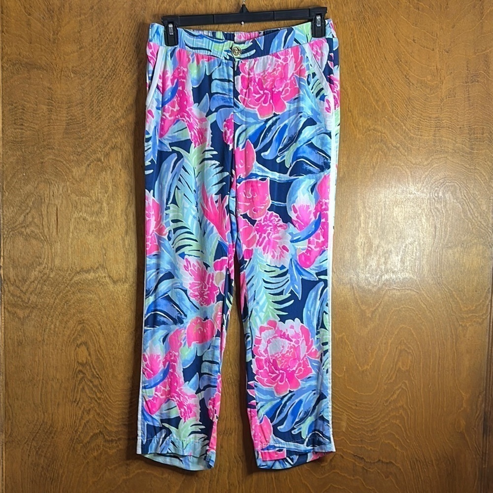 Lilly Pulitzer Madeira Pants High Tide Navy Tropicolada Size 8 - DAMAGED